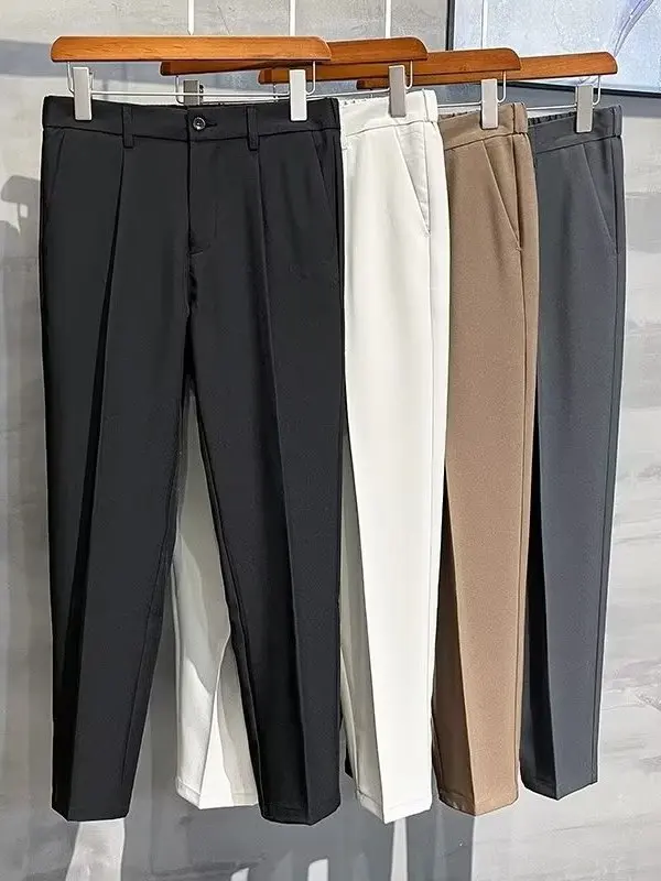 

Anti-Wrinkle Fce Lined Straight Leg Men's Casual Pants Faionable Busin Trousers Pure Color Slim Fit Long Pants