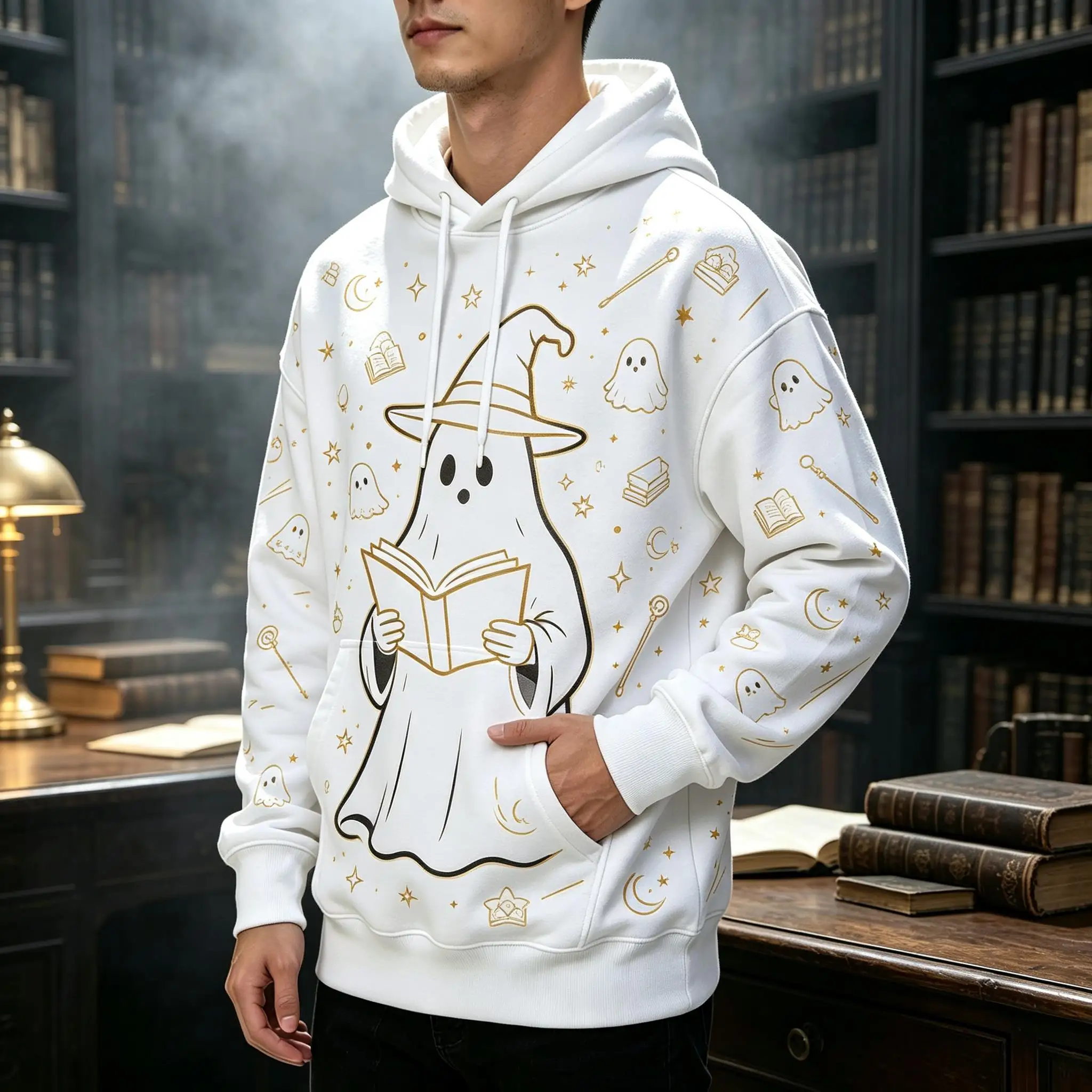 Men's Hoodie White Purple Ghost Reading Book Print Breathable Soft Pullover Sweatshirt for Cute Halloween Party Daily Wear