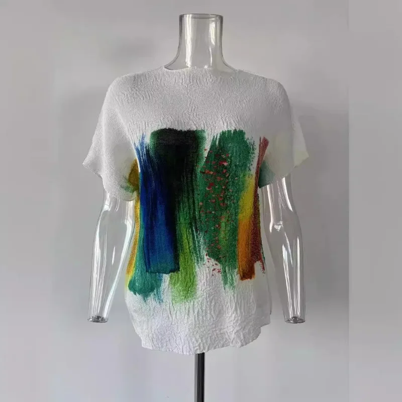 

Miyake Pleated T-shirt with High Elasticity Rainbow Print Round Neck Short Sleeved Top, Summer Women's Shirt