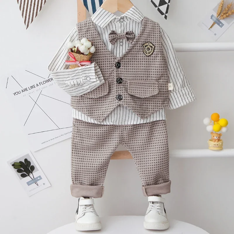 Chemise rayée en coton pour nouveau-né, gentleman, fête de mariage, ensemble de mode pour bébé garçon, gilet et pantalon, 3 pièces, nouveau