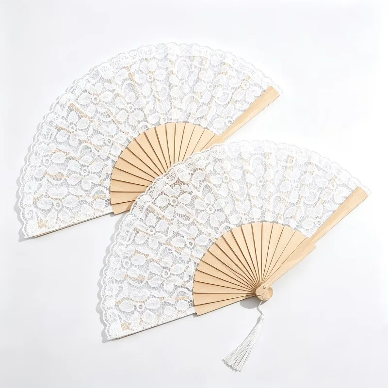 25/30 Wooden Folding Fans with White Lace Artisanal Bridal Party Photo Prop Wedding Gifts for Guests & Bridal Shower Home Decor