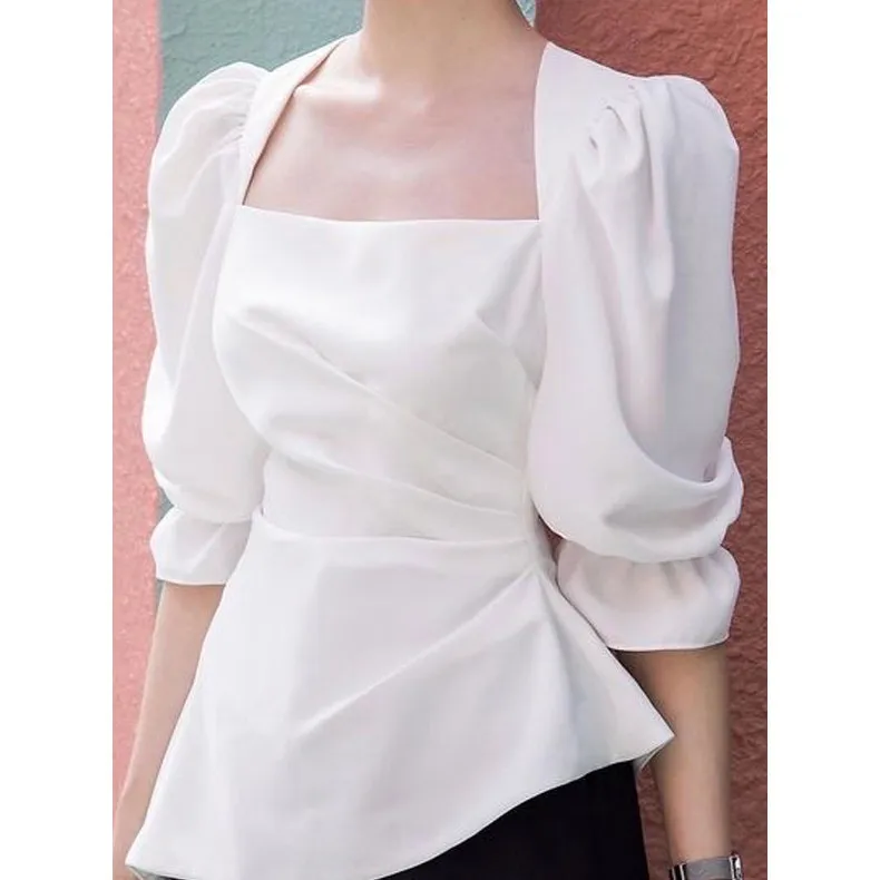 2023 Summer New Design Sense One Shoulder Bubble Sleeve Square Neck Temperament White Shirt Female