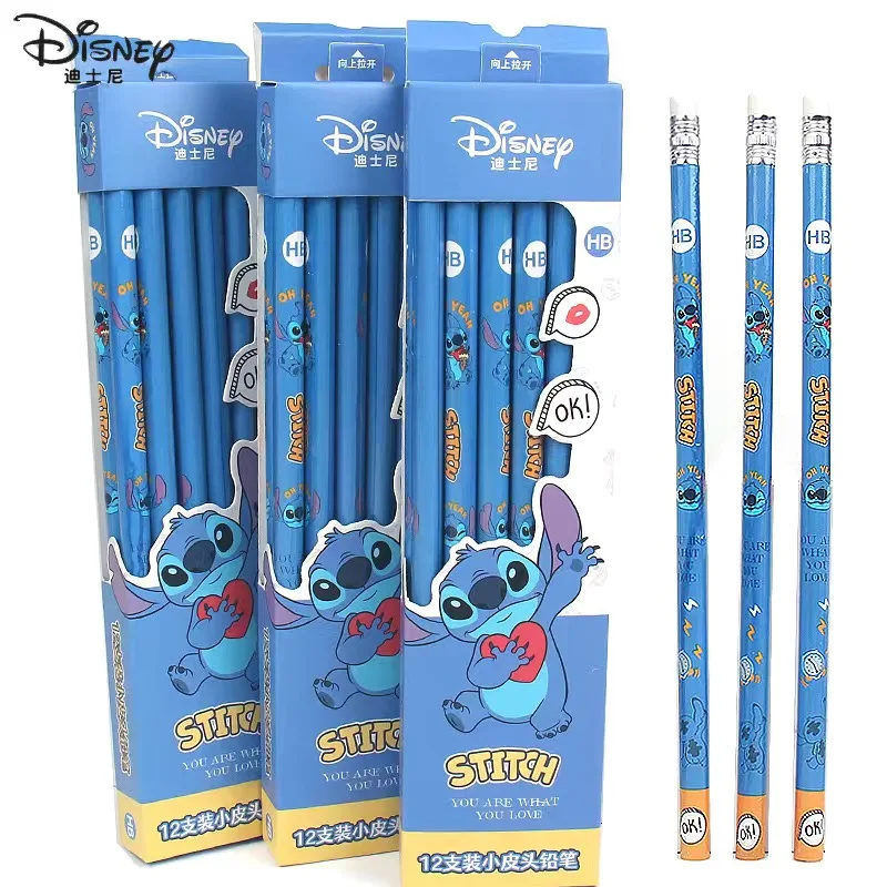 Disney Anime Stitch Crayon pour enfants, crayon de dessin animé, caoutchouc, fournitures scolaires, taille-crayon en bois Hb, cadeau d'anniversaire