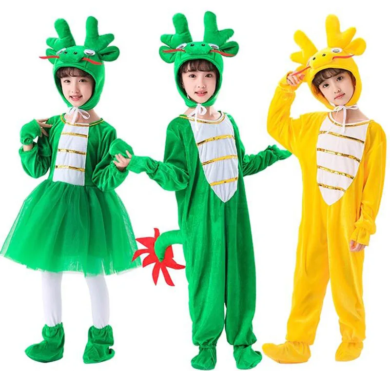 Halloween Kids Role Playing Triangle Green Dragon Party Costume  Carnival Stage Show Dinosaur Role Play Headgear Jumpsuit Dress