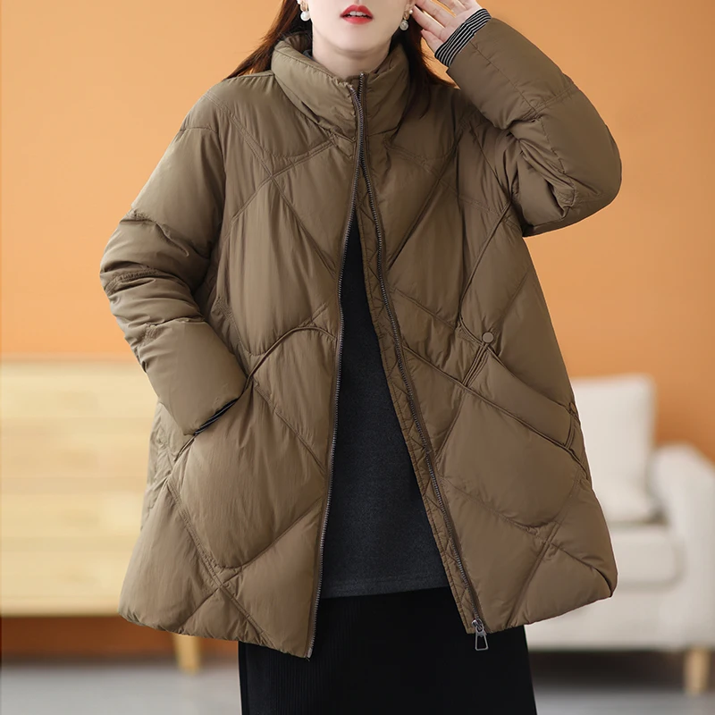 

2023 Women Winter Fashion White Duck Down Jackets Female Stand Collar Loose Coats Ladies New Solid Color Warm Overcoats