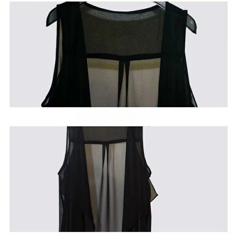 Chic Big Size Black Chiffon Vest Waistcoat Women Sleeveless Cardigan Thin Coat Design Tops Layering Outerwear Jackets New