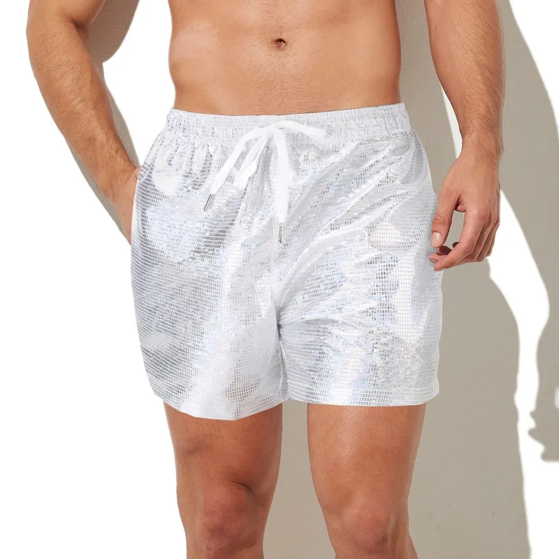 Homens brilhantes shorts casuais com cordão solto board shorts esportes treino ginásio sweatpants pantalones streetwear bolso calças troncos