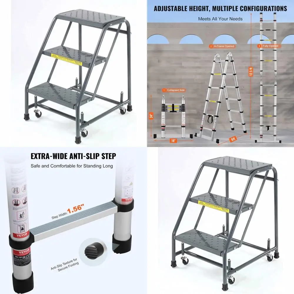 سلم فولاذي قياسي 318P، عجلات محملة بنابض، بدون درابزين، خطوات مثقوبة، غير مجمعة، مقاس O، استخدام طويل الأمد I