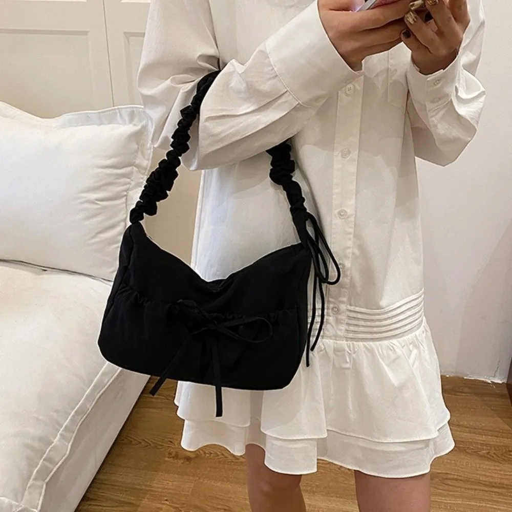 

Sweet Nylon Bow Pleated Bag Solid Color Adjustable Pleated Shoulder Bag Zipper Kroean Style Women's Handbag Lady