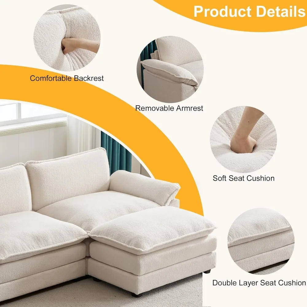 Sectional Sofa Modular Deep Seat Sofa Couch with Ottoman, Chenille Sofa Sleeper Comfy Upholstered Furniture