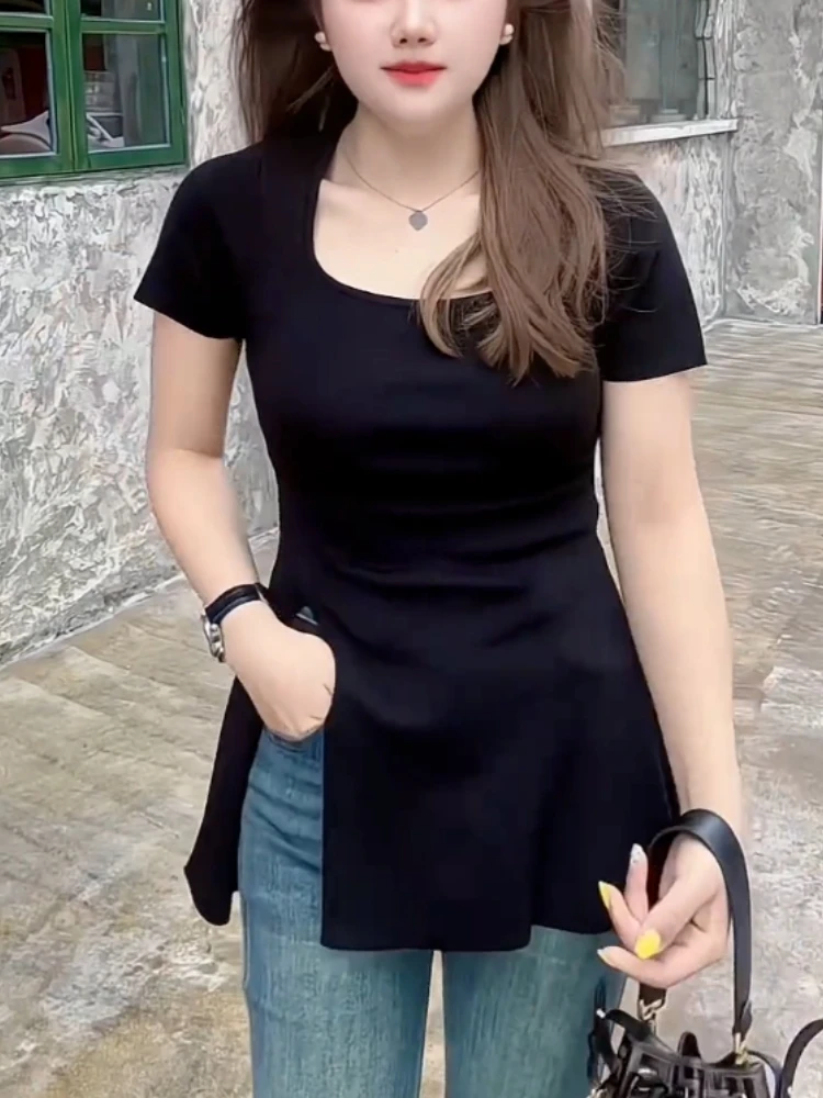 Slim Fit Square Neck Short Sleeve T-Shirt Women's Summer New Design Small Forking Casual Top plus Size Black Color Block