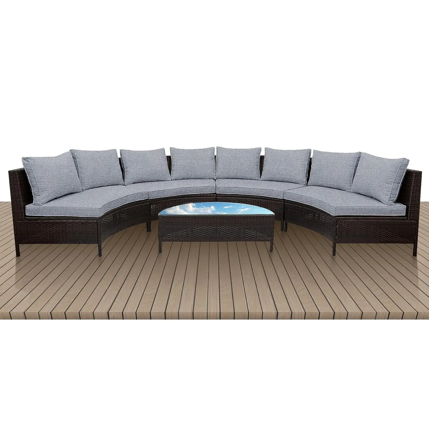 

Комплект из 5 предметов: изогнутый уличный диван, плетеная мебель для патио в форме полумесяца с подушками и стеклянным кофейным столиком, на заказ