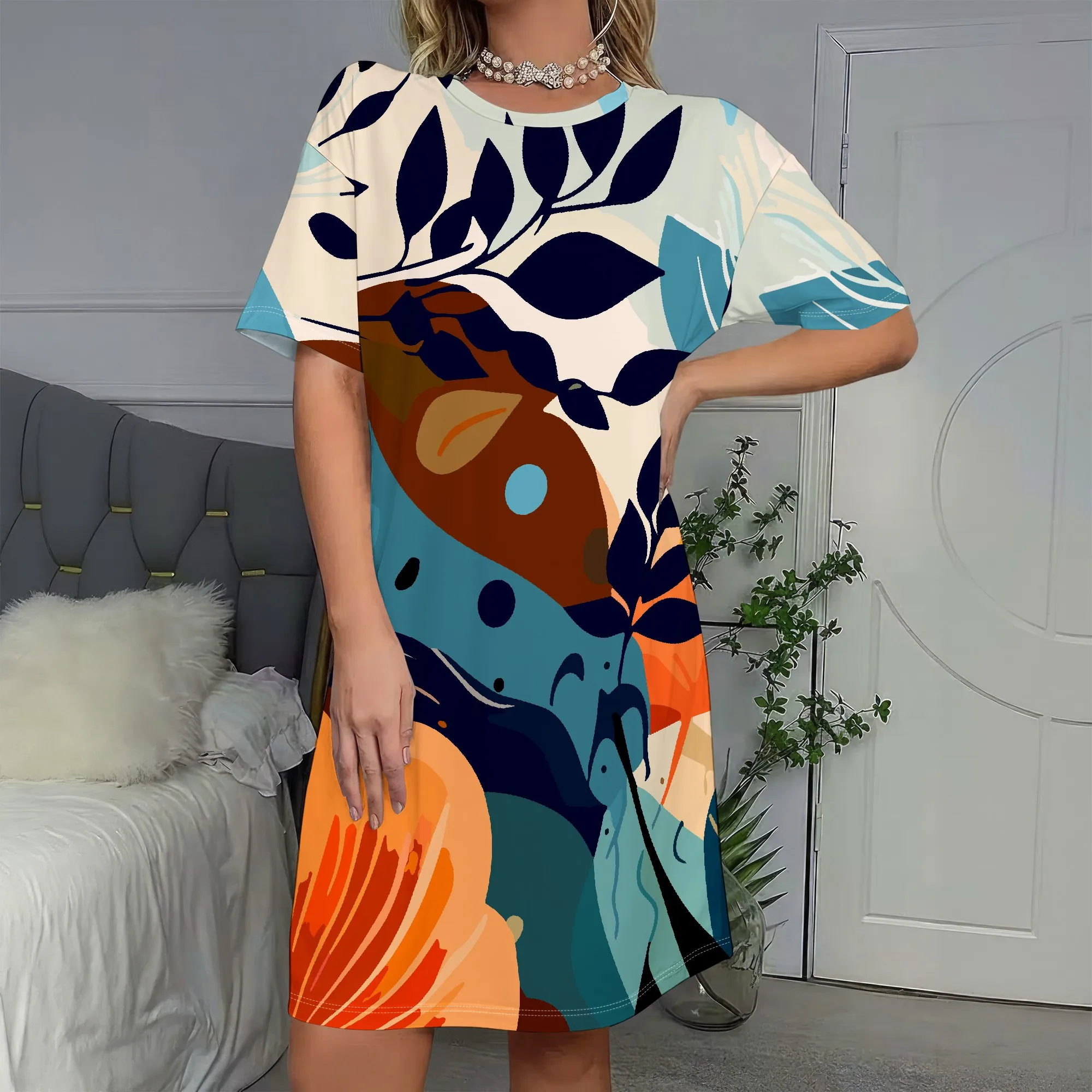 

Abstract Art Print, Short Sleeve Dress, Boho Floral Design, Casual Summer Wear, Beach Vacation Outfit, Women's Tunic S-2XL