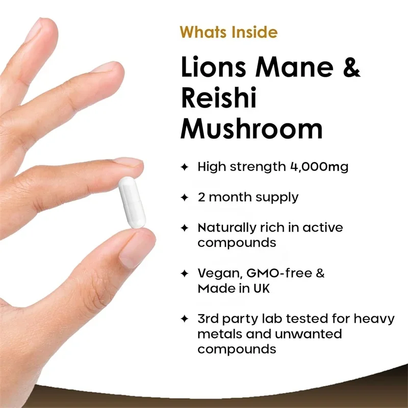 Lions Mane & Reishi Mushroom 4000mg - for Nootropic Brain Memory & Focus Immune & Stress Relief view 3
