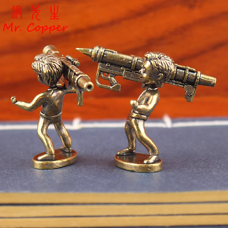 Brass Rocket Launcher Boy Figurines Miniatures Desktop Ornaments Retro Metal Characters Model Crafts Home Decoration Accessories