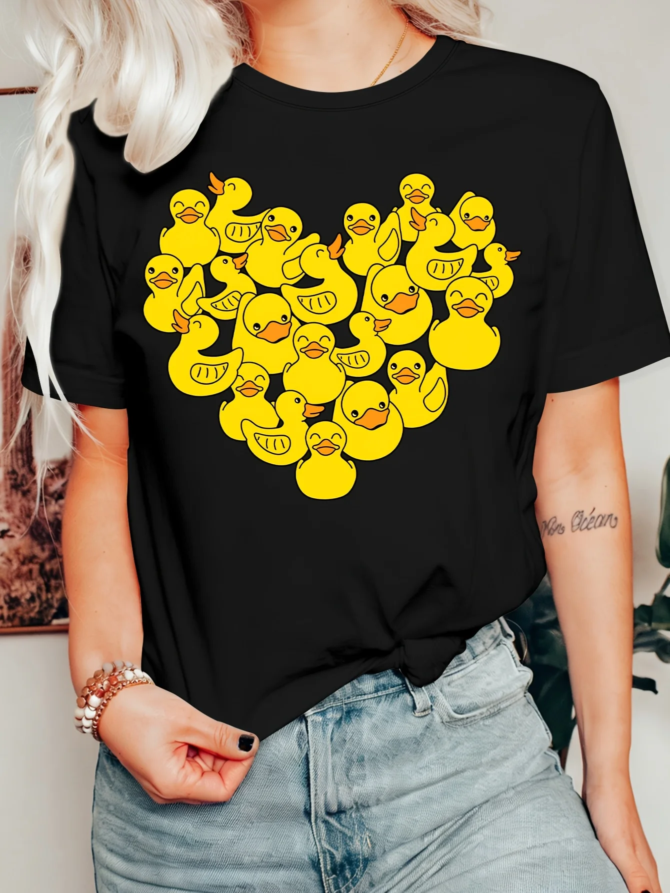 Cartoon Rubber Duck Heart Womens T Shirt Cute Yellow Animal Graphic Tee Short Sleeve Casual Daily Holiday Party Ladies Tops