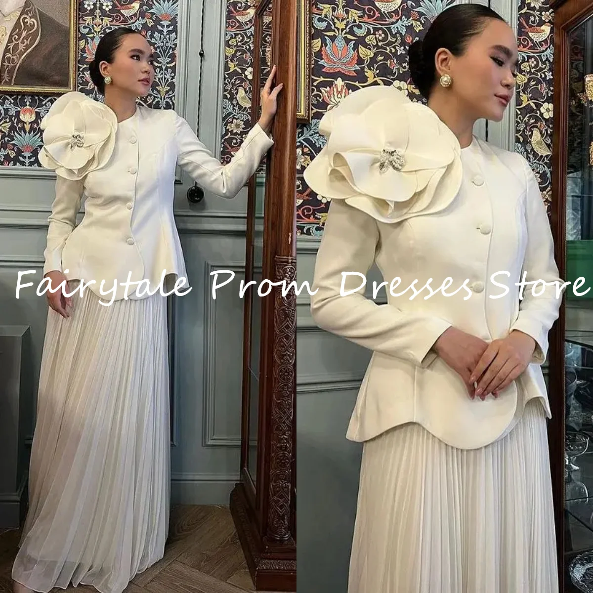 

Fairytale Saudi Arabia Formal Women Evening Dresses Black Zipper Long Sleeves Handmade Flower Sexy Prom Dress Trumpet Wedding