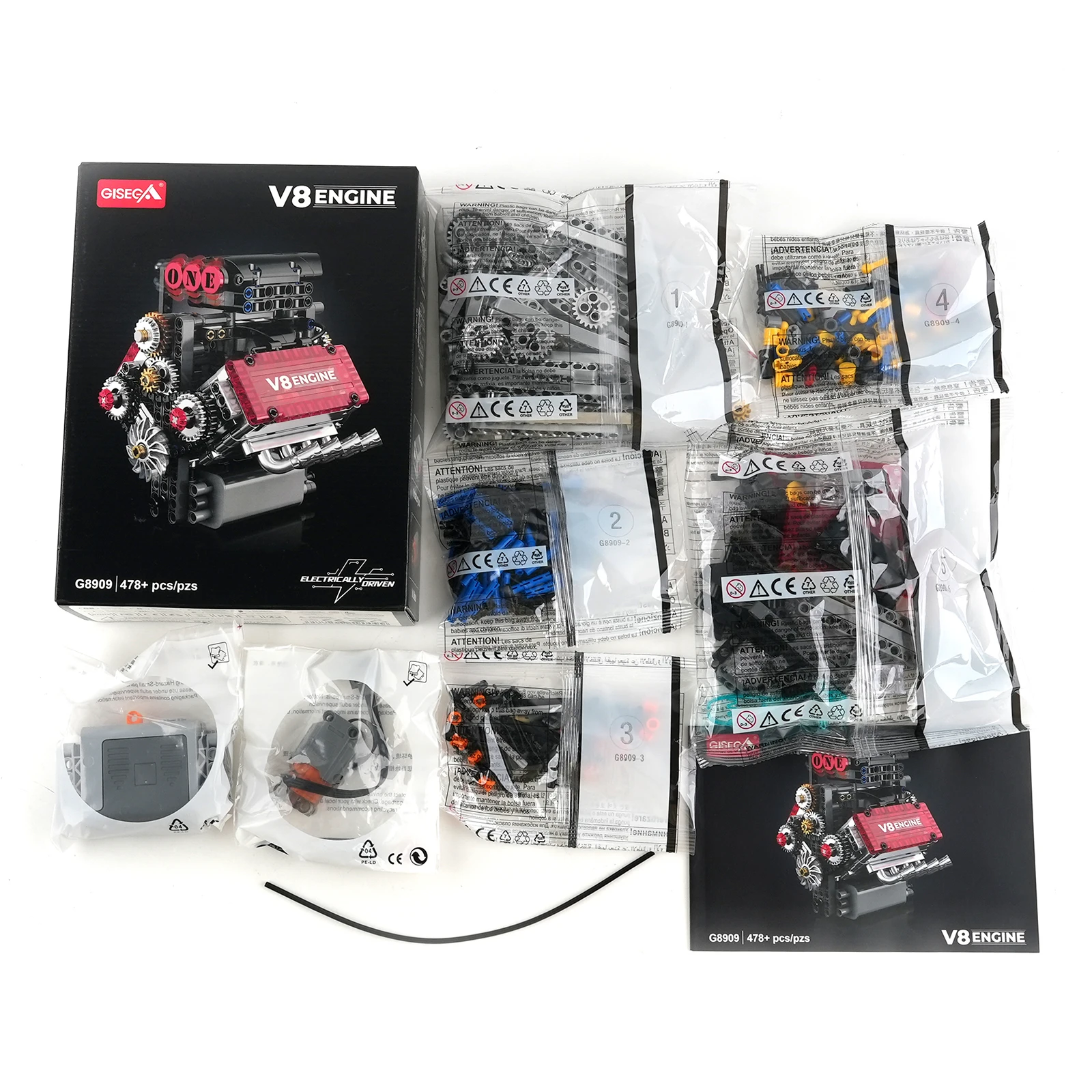 478PCS Motorized V8 Engine Building Blocks Set with L Motor AA Battery Box - DIY Simulation Model Car Parts for Kids Adults Gift