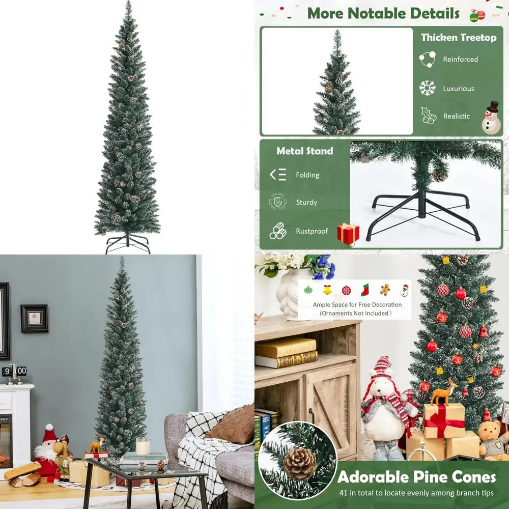 شجرة عيد الميلاد الاصطناعية رفيعة بطول 7 أقدام مع 351 أطراف فرعية و41 مخروطًا من الصنوبر، ديكور احتفالي ثلجي للاحتفال بالعطلات #1