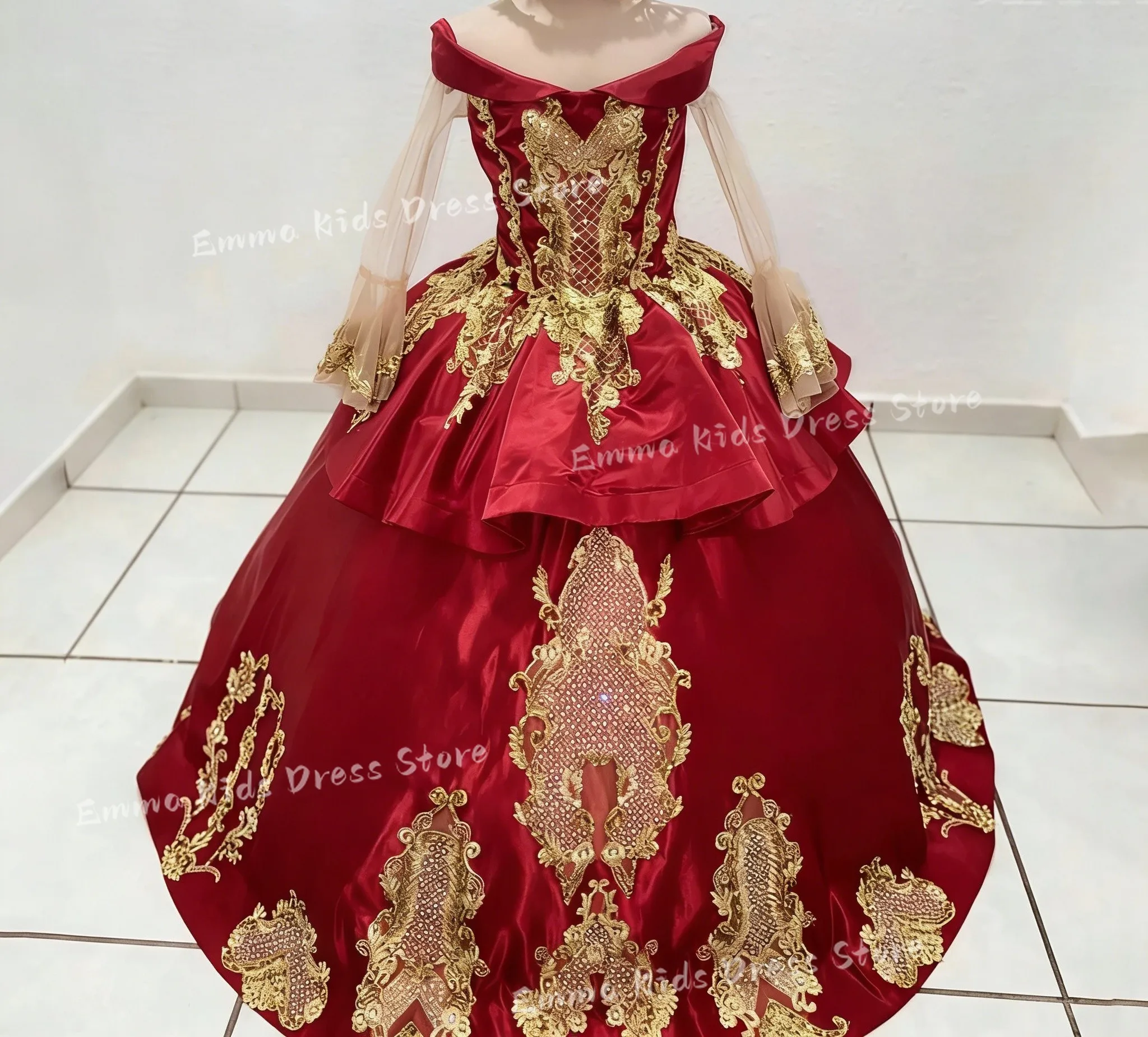 Custom Red Gold Lace Flower Girl Dress Off Shoulder Ruffle Ball Gown LuxuryPageant Wear for Girls Elegant  Birthday PartyDresses