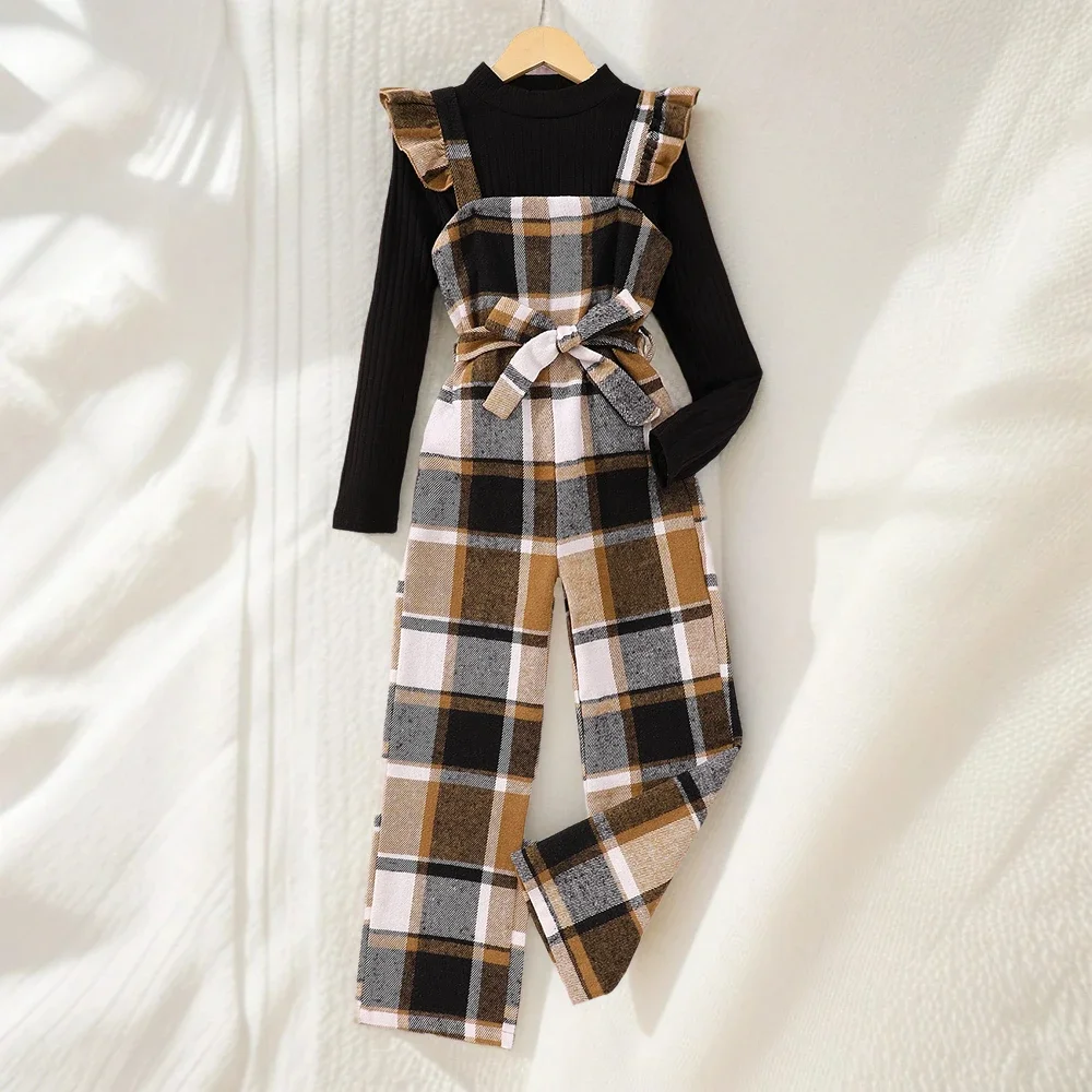 

Autumn Winter New Kids Girls Set with Long Sleeve Solid T-shirt Plus Checkered Jumpsuit with Belt 8 To 12 Years Old