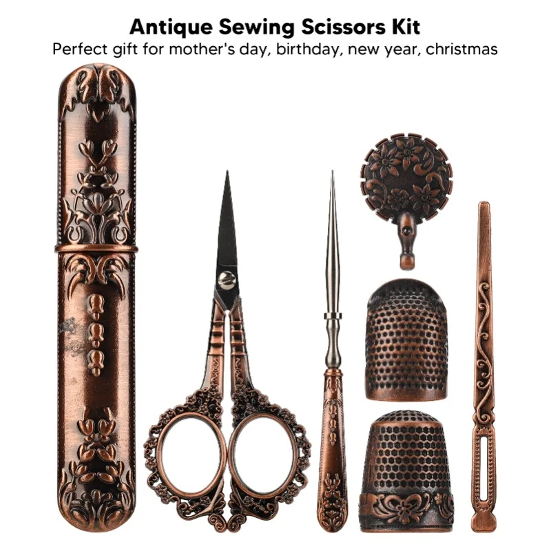 Conjunto de tesouras de bordado vintage, caixa de costura de madeira e aço inoxidável, kit multifuncional, ferramentas de bordado, bronze