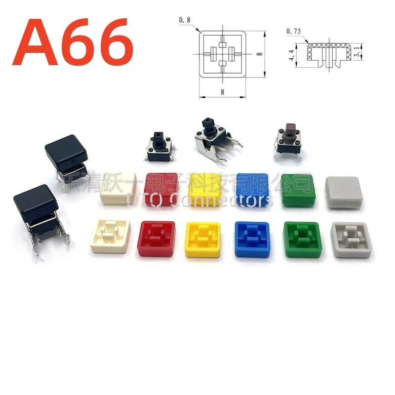 50Pcs A66 8x8x4.4mm Color Square Tactile Switch Button Caps with Transparent Cover Button Cap Hat For 6*6*7.3mm Square Head