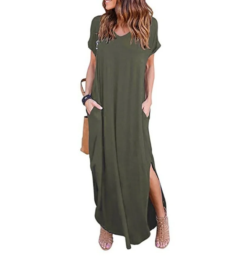 

Solid Color 5XL Sexy Women Pocket Dress Summer Solid Casual Short Sleeve Maxi Dress for Women Long Dress Y2k Lady Dresses