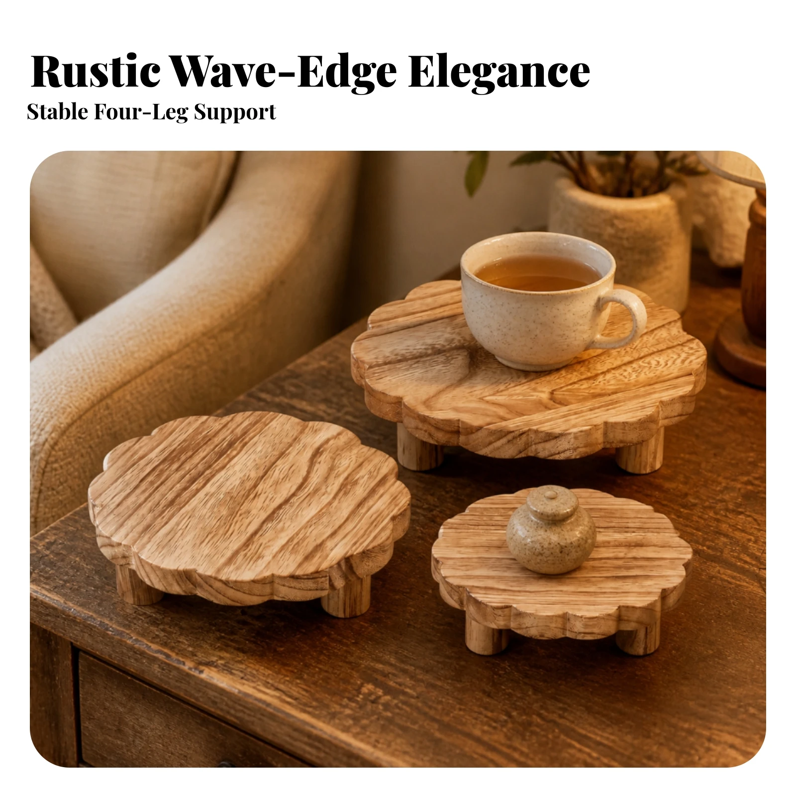 Four-Tier Wooden Display Rack with Cylindrical Legs Waterproof Wooden Tiered Display Organizer Riser Stand Anti-Slip