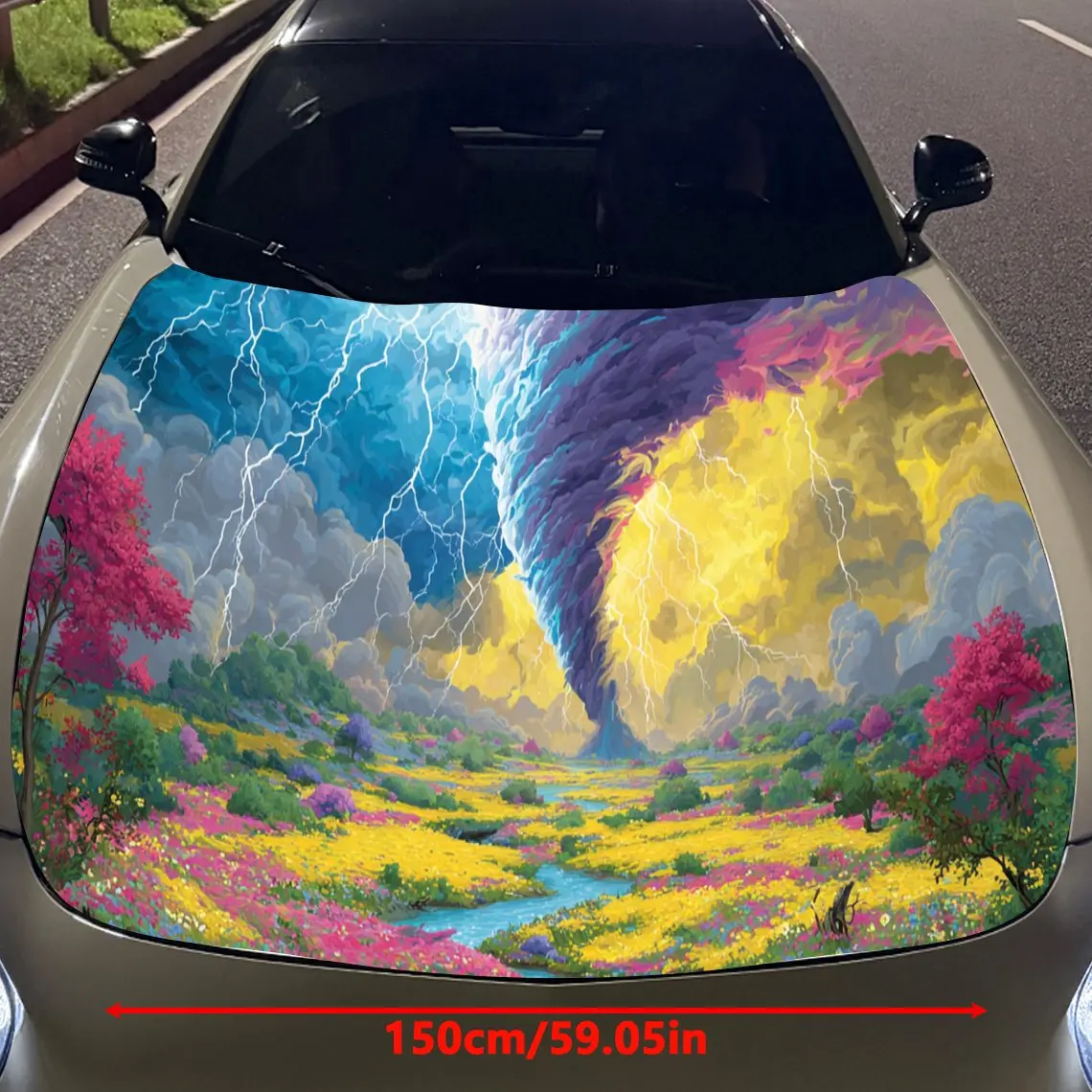 Oil Painting Style Rainbow Tornado Lightning Car Hood Vinyl Stickers Car Surface Protection Decal Car Decoration Cover Vinyl Wra