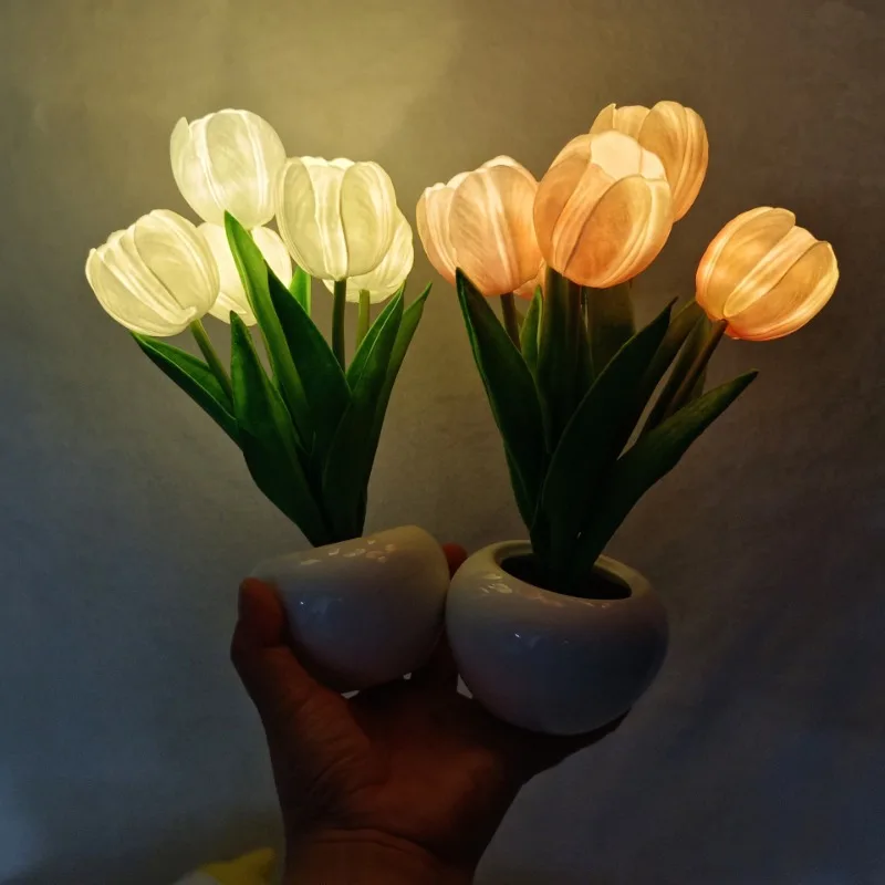 LED Bedside Lamp Tulip Night Light Simulation Flower Table Lamp Romantic Bouquet Bedroom Decoration Light