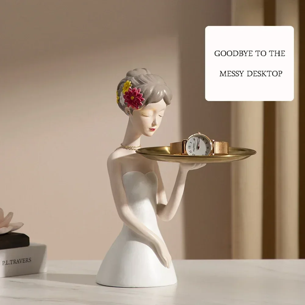 City Girl Elegant Lady Figurines Room Decor,Modern Woman Figure Resin Statue,Decorative Metal Storage Tray,Home Desk Decoration