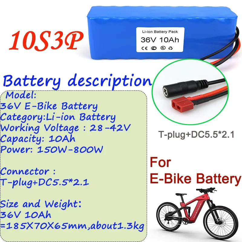 100% New Original 36V Ebike Li-ion Battery 10Ah T-plug+DC5.5*2.1 Connector And BMS For Ebike Battery Pack