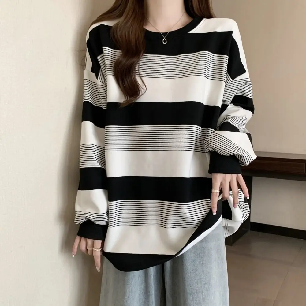 Oversize Fit Oversize Striped Top Striped Loose Fit Casual Sweatshirt Long Sleeve All-Match Style Striped Sweatshirt