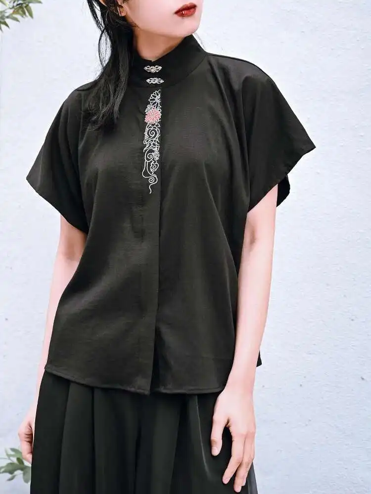 

New Chinese Style National Style Han Elements Stand-up Collar T-shirt Shirt Women's Clothing Tops Summer loose and comfortable