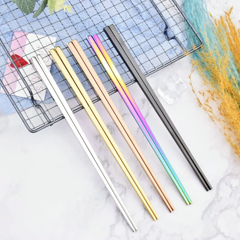 304 Stainless Steel Chopsticks Square Chopsticks Gold Titanium Plated Colorful Creative Tableware Chinese Hollow Cute Chopsticks