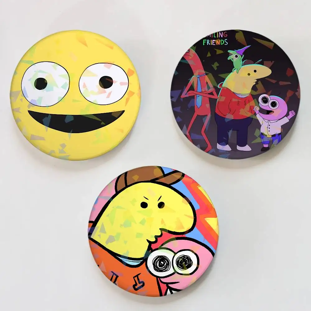 Anime S-Smiling Friends Round Laser Badge Brooch Clothes Backpack Accessories Lapel Decoration Gift