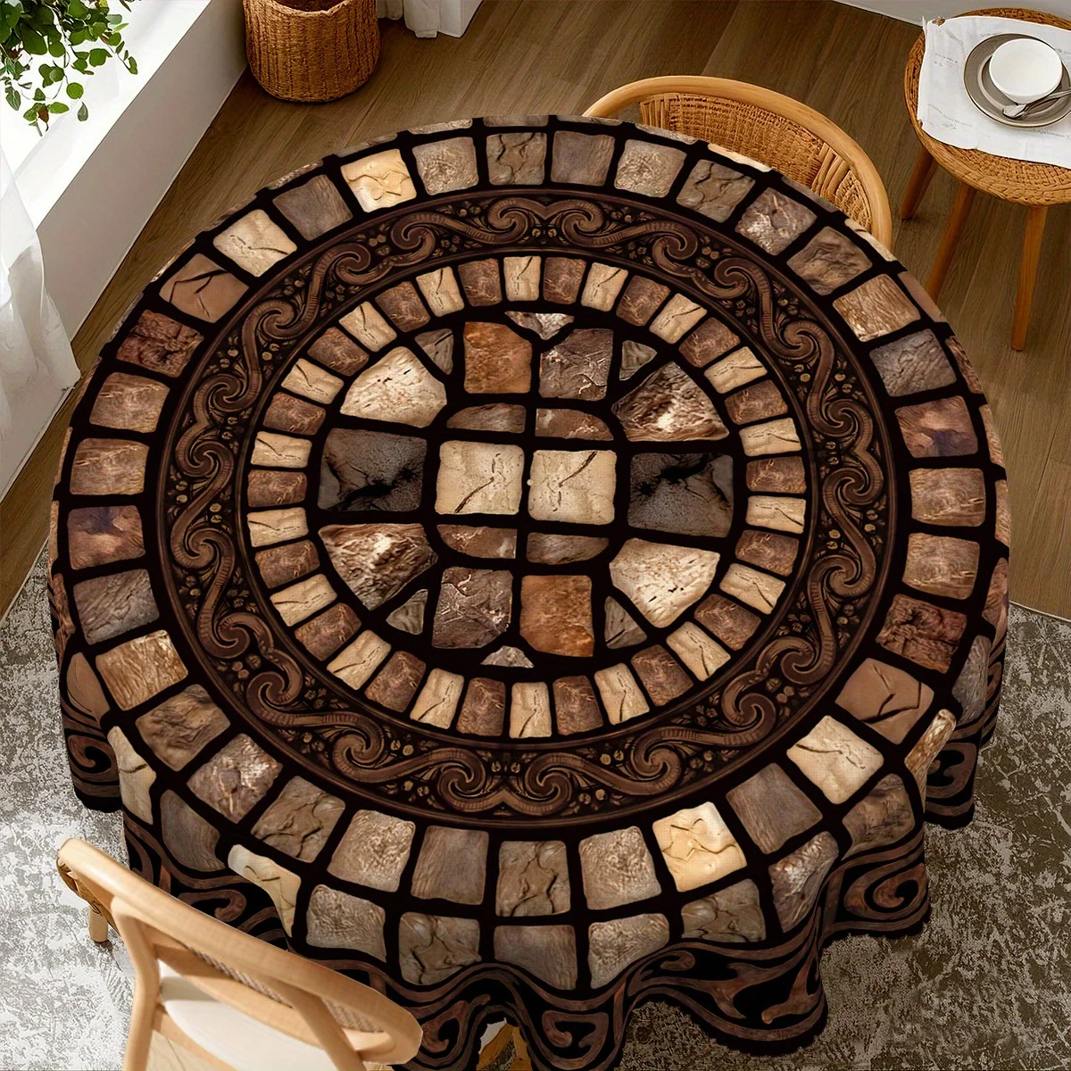 Retro stone mosaic tablecloth, featuring stone blocks and scroll patterns, in a rustic style for home decor.