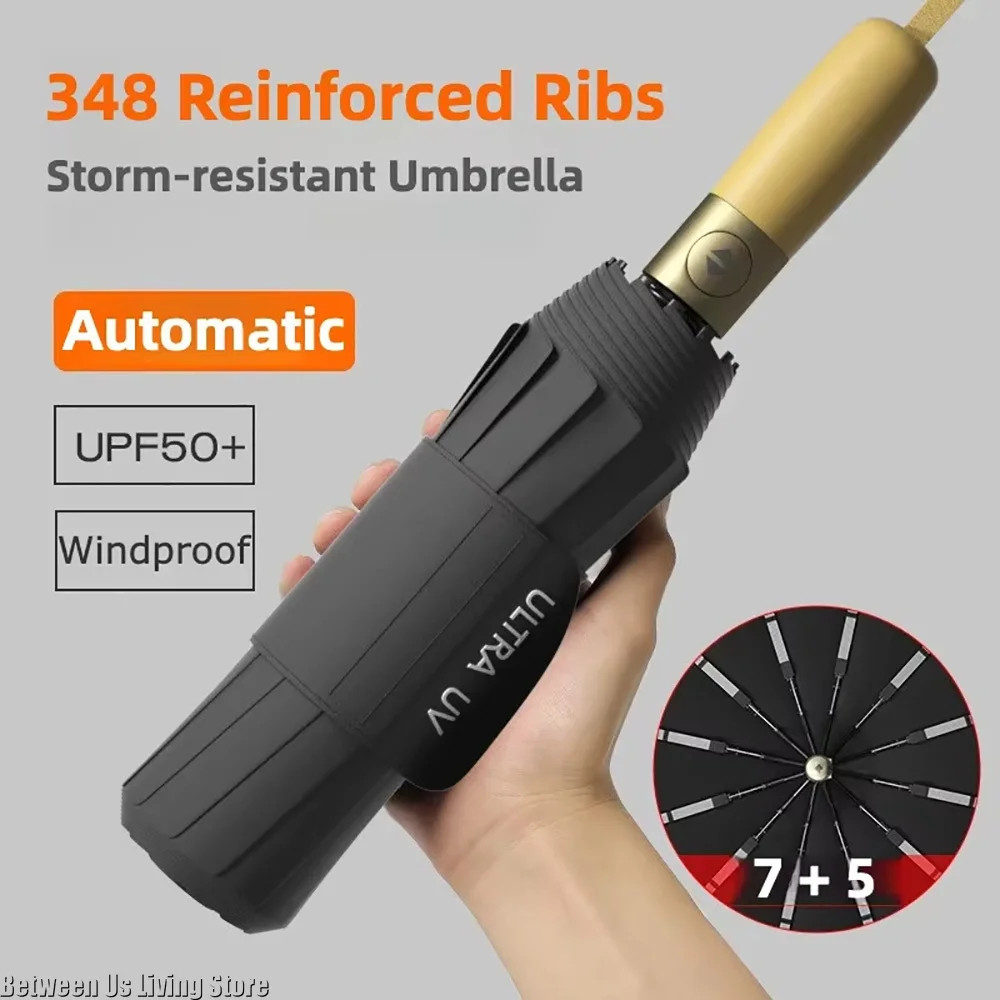 Stormproof Automatic Umbrella Windproof Reinforced 348 Ribs UV UPF 50+ Sun & Rain Protection Folding Umbrellas for Men Women
