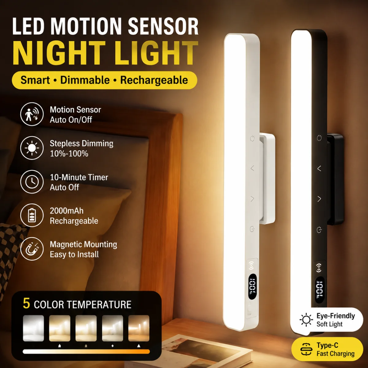 Touch Table Lamp Magnetic Desk Lamp Bulit-in 2500mAh Battery for Reading Cabinet Mirror Bedside Rechargeable Night Lights