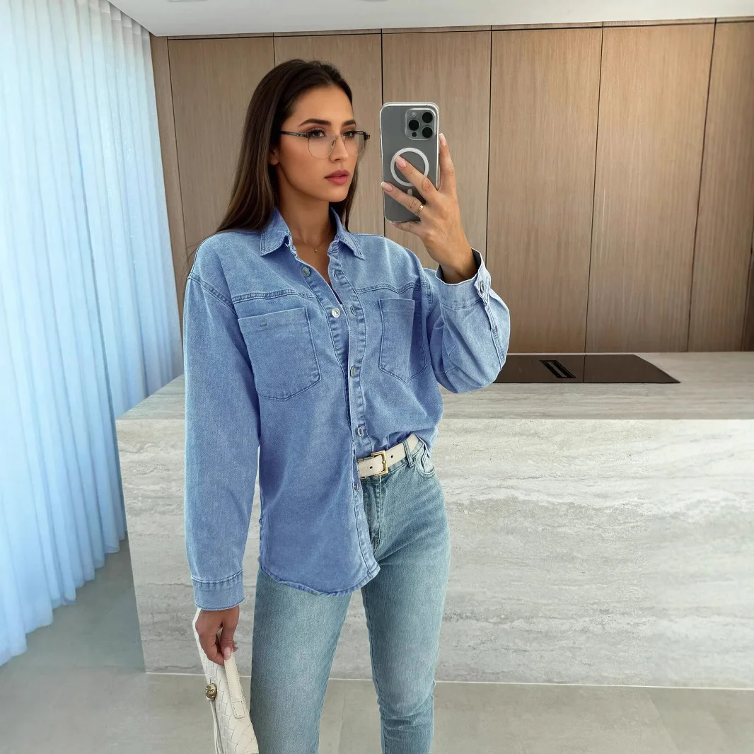 

Denim Shirt Top Women Vintage Washed Blouse Tops Single Breasted Turn Down Collar Pockets Overshirt Streetwear 2025 Autumn