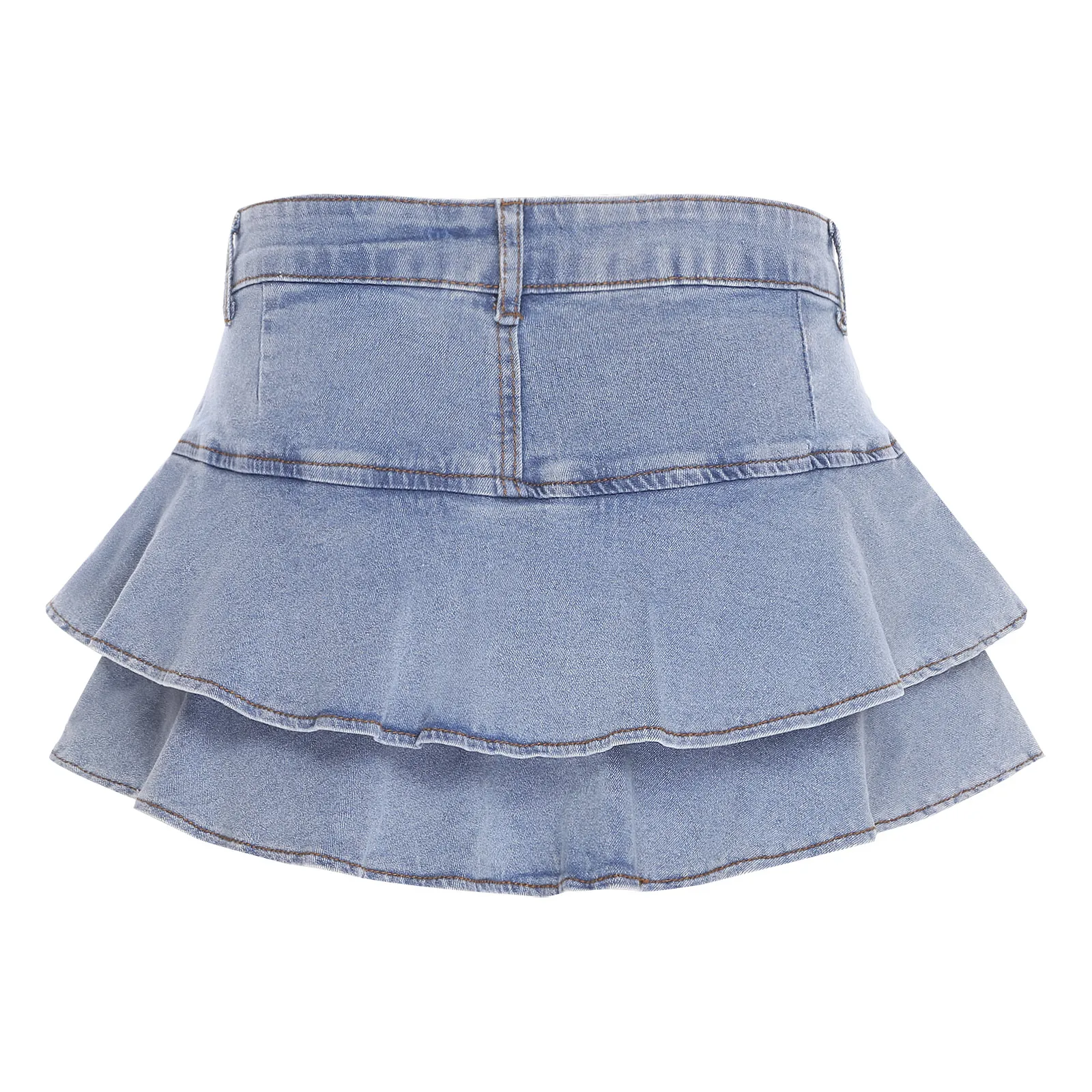 Women Fashion Denim Skirts Low Waist Tiered Ruffle Skirt with Belt Loops Built-in Shorts A-line Skirts for Casual Street Party