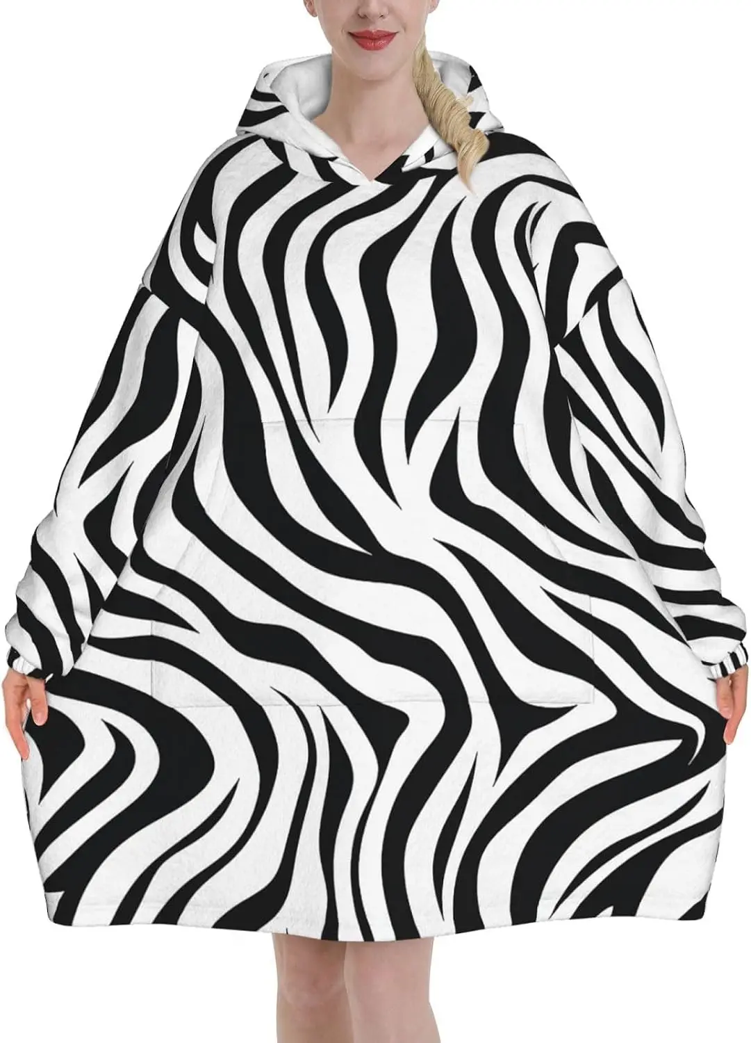 Black White Zebra Print Wearable Blanket Hoodie Abstract Texture Oversized Sweatshirt Blanket Cozy Warm Sherpa Hooded Blanket
