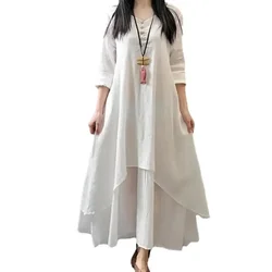 Women's Linen Dress Layered Vintage Robe Loose Maxi Skirt Extra Large Women's Spring