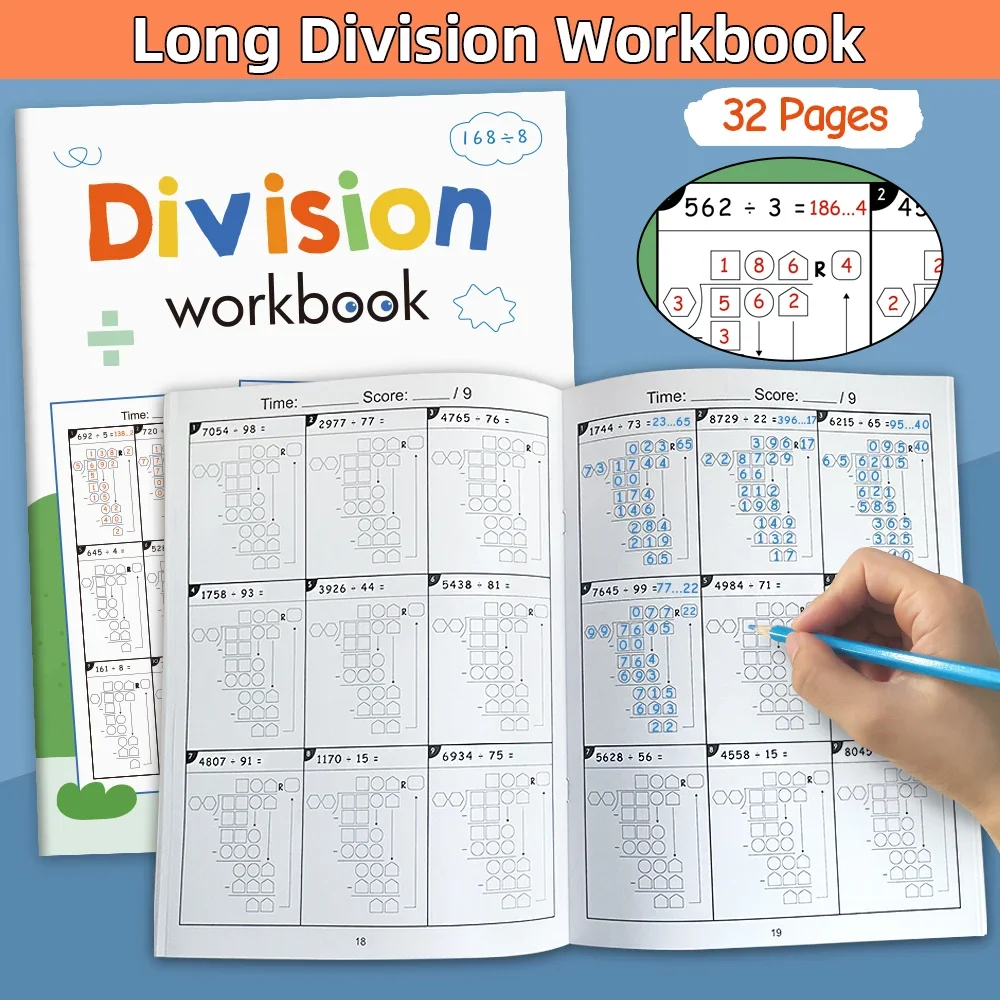 32 Pages Long Division Workbook Math Worksheet Grade 4-6 Daily Timed Math Drills Practice Workbook for Primary School