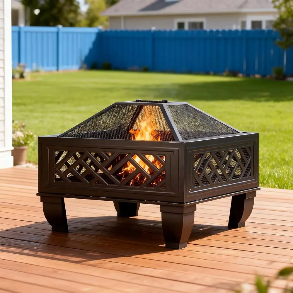 

ate Version 26 Inch Wood Burning ire Pit with Cooking Grill and Spark Sn, Outdoor Metal irt or Patio, Backyard, Bonire Party, Ca