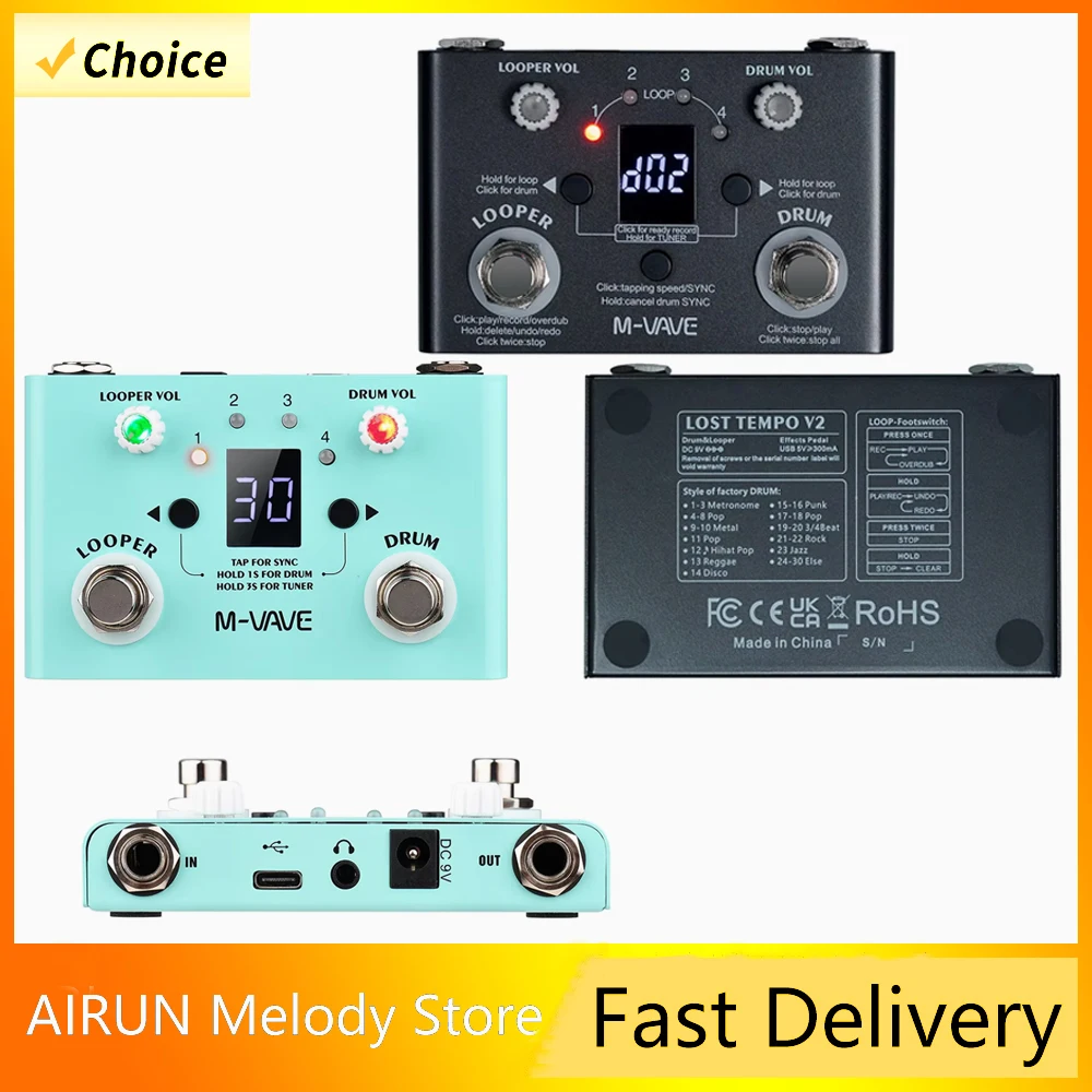 

M-VAVE LOST TEMPO Drum & Looper Machine Фразовый эффектор Drum & Looper Педаль Мини 2-в-1 Machine Double Footswitch Looper Effect