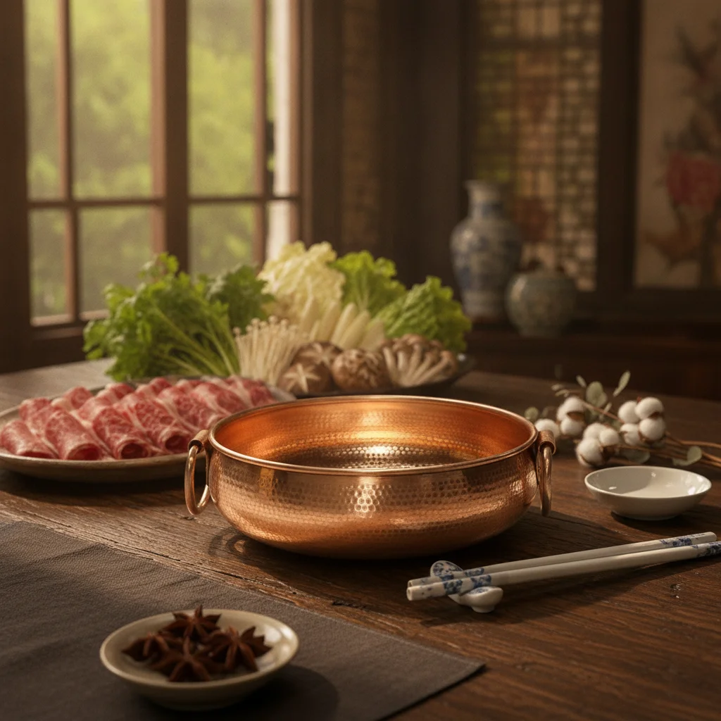 

Shallow Cooking Pot Copper Finish Induction Compatible Hammered Copper Hotpot Thickened Body for Home Meal Sharing