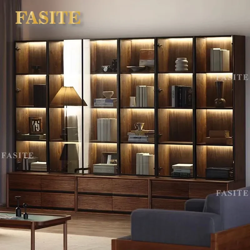 For Modern Japanese Solid Wood Glass Door Bookcase Red Oak Cherry Black Walnut Study Storage Cabinet Minimalist Home Office