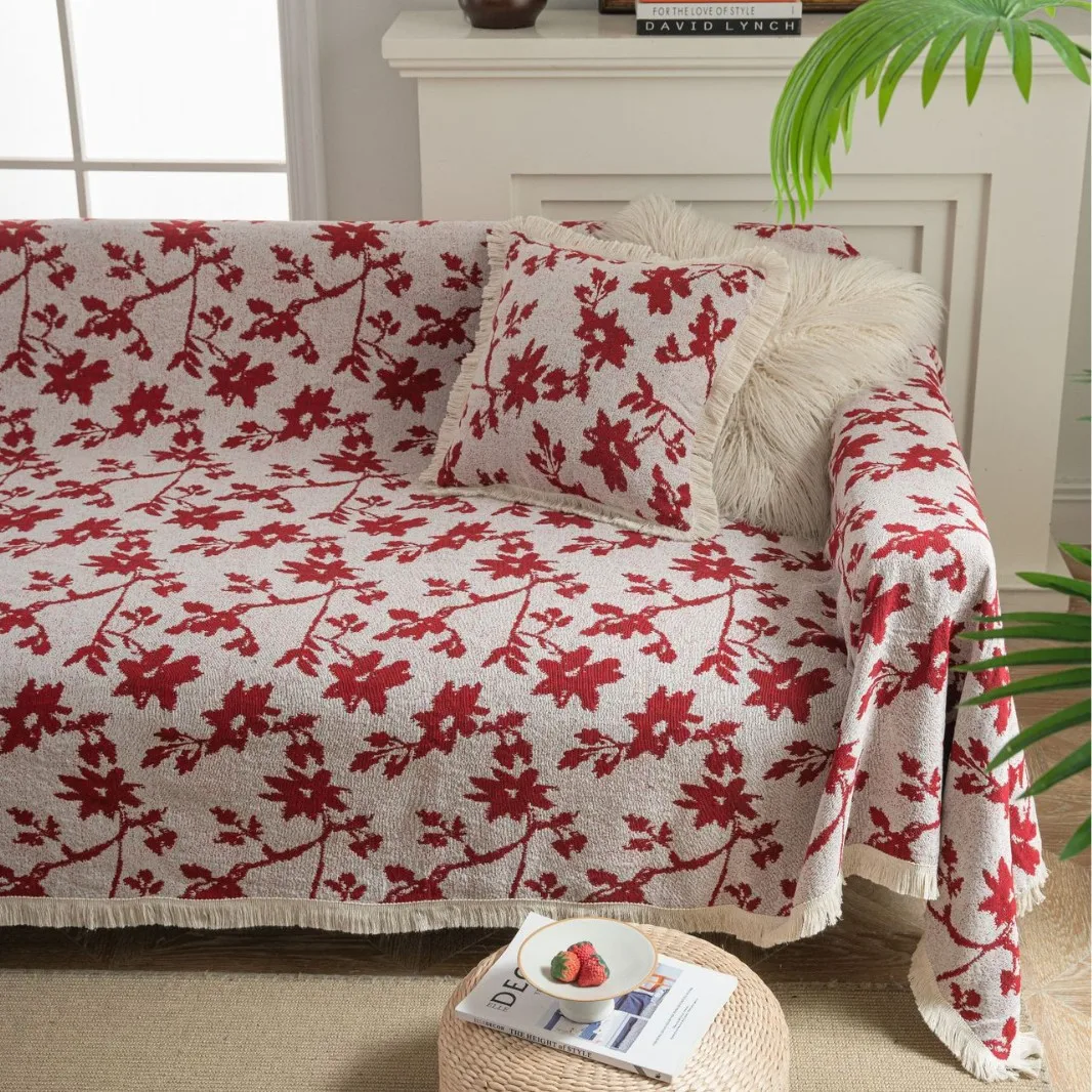 Red Flower Vintage Sofa Cover Sofa Towel Anti-cat Scratch Thick Sofa Cover Blanket Recliner Cover Towel Pastoral Style Dust Cove